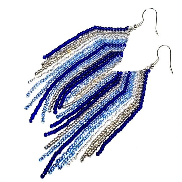 Hand Crafted Jewelry - 🌧 "Rain" Blue & Silver Fringe Seed Bead Earrings